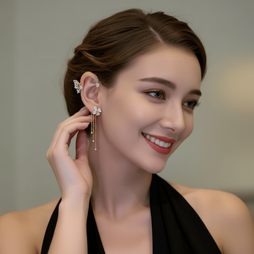 Aurora Butterfly Zirconia Tassel Earrings Product Image 01