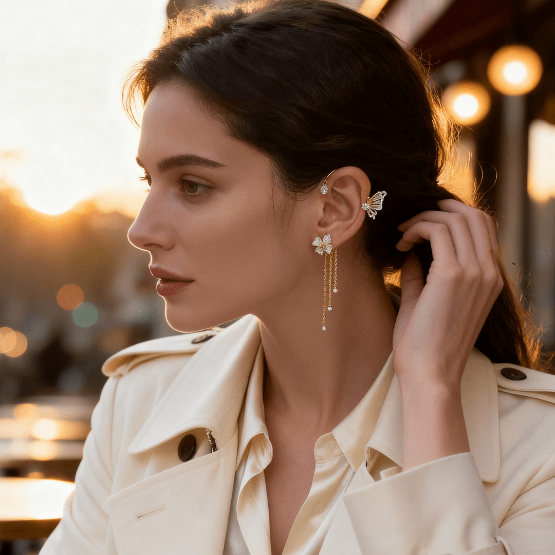 Aurora Butterfly Zirconia Tassel Earrings Product Image 03