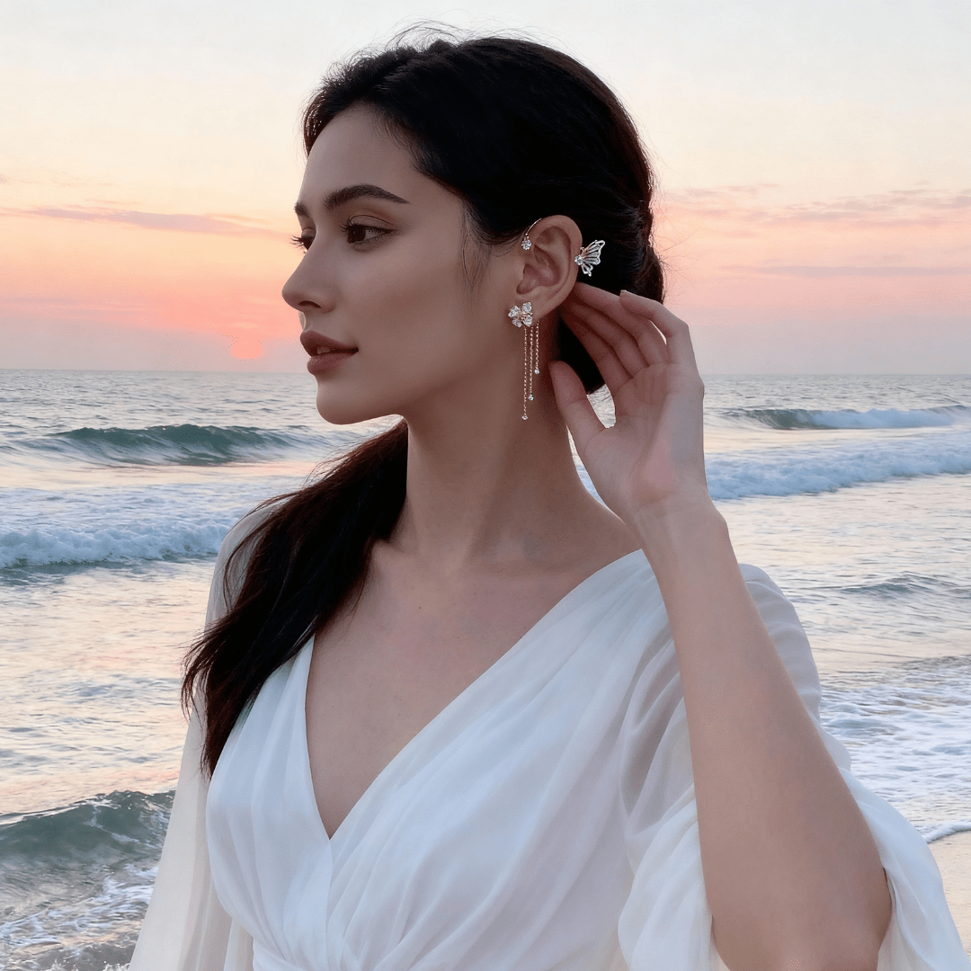 Aurora Butterfly Zirconia Tassel Earrings Product Image 04