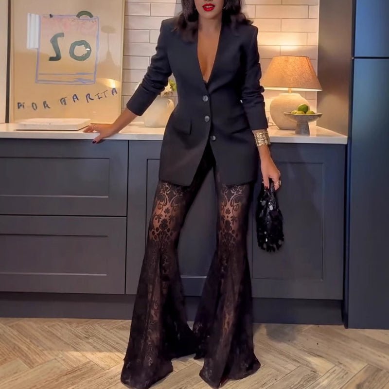 Black Lace Blazer Flared Pants Set Product Image 01