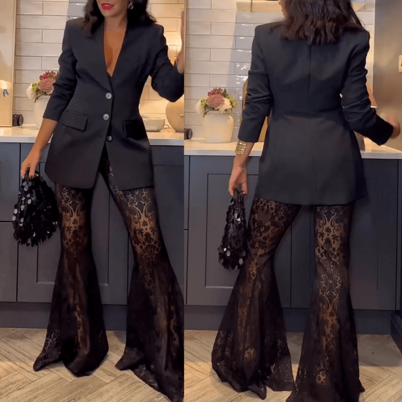Black Lace Blazer Flared Pants Set Product Image 02