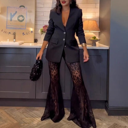 Black Lace Blazer Flared Pants Set Product Image 04
