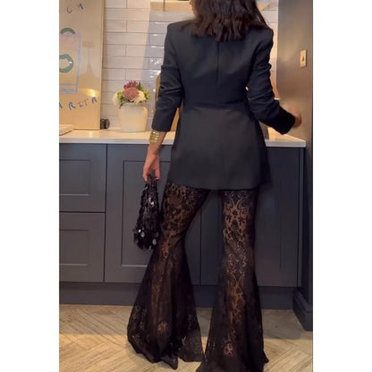 Black Lace Blazer Flared Pants Set Product Image 05