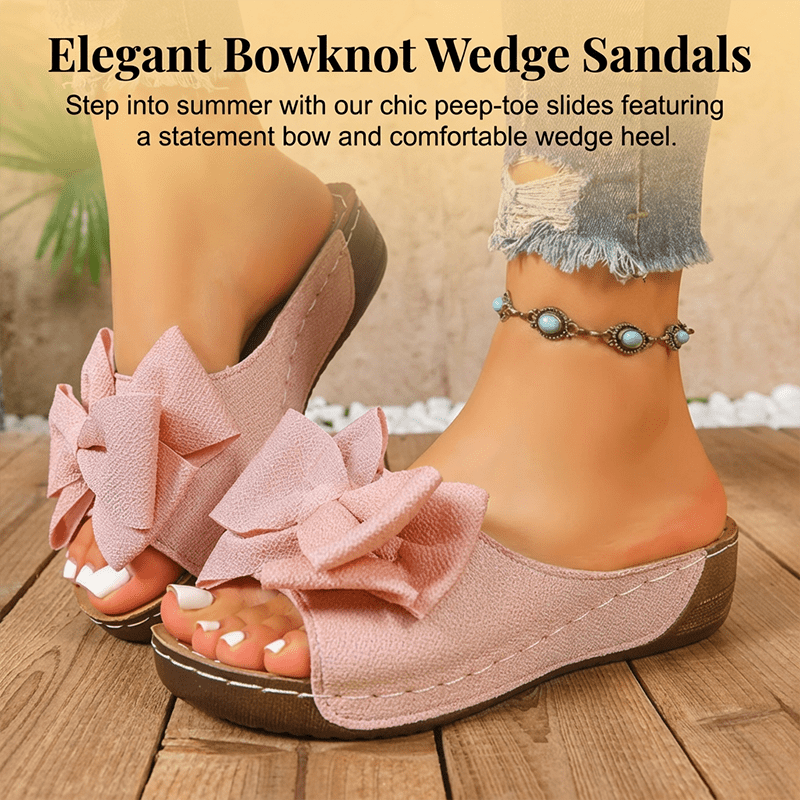 Breeze Bow Wedge Sandals Slip On Peep Toe Product Image 02