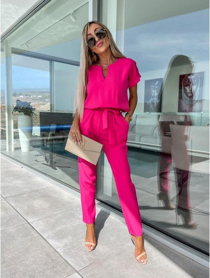 Everline V Neck Summer Jumpsuit Elastic Waist Pockets Product Image 02