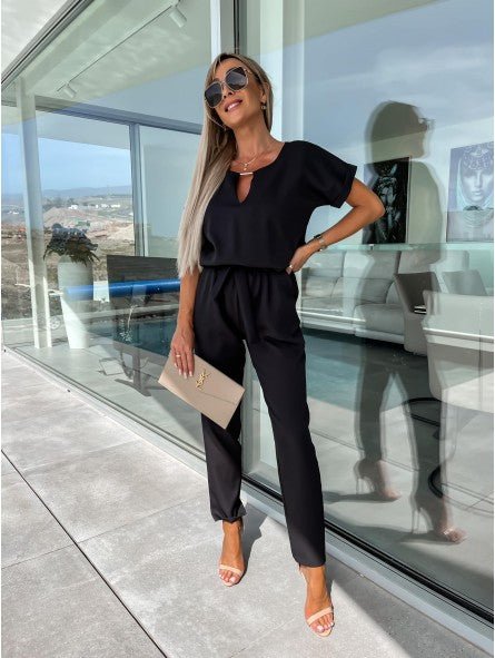 Everline V Neck Summer Jumpsuit Elastic Waist Pockets Product Image 04