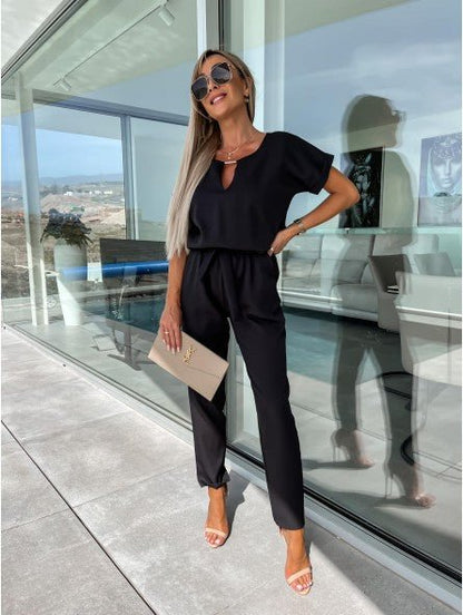 Everline V Neck Summer Jumpsuit Elastic Waist Pockets Product Image 04