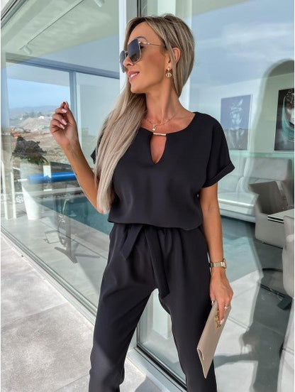 Everline V Neck Summer Jumpsuit Elastic Waist Pockets Product Image 05