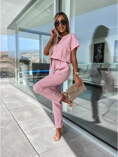Everline V Neck Summer Jumpsuit Elastic Waist Pockets Product Image 06