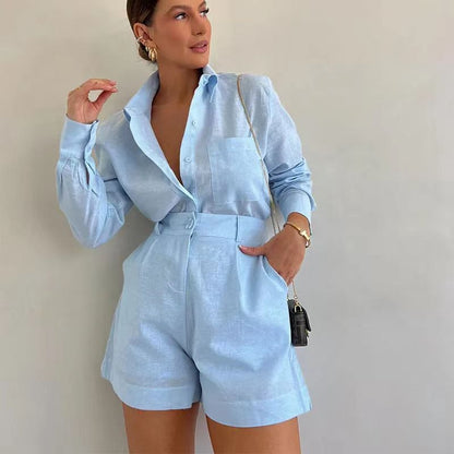 Evia Linen Blend Blouse Shorts Set Product Image 01