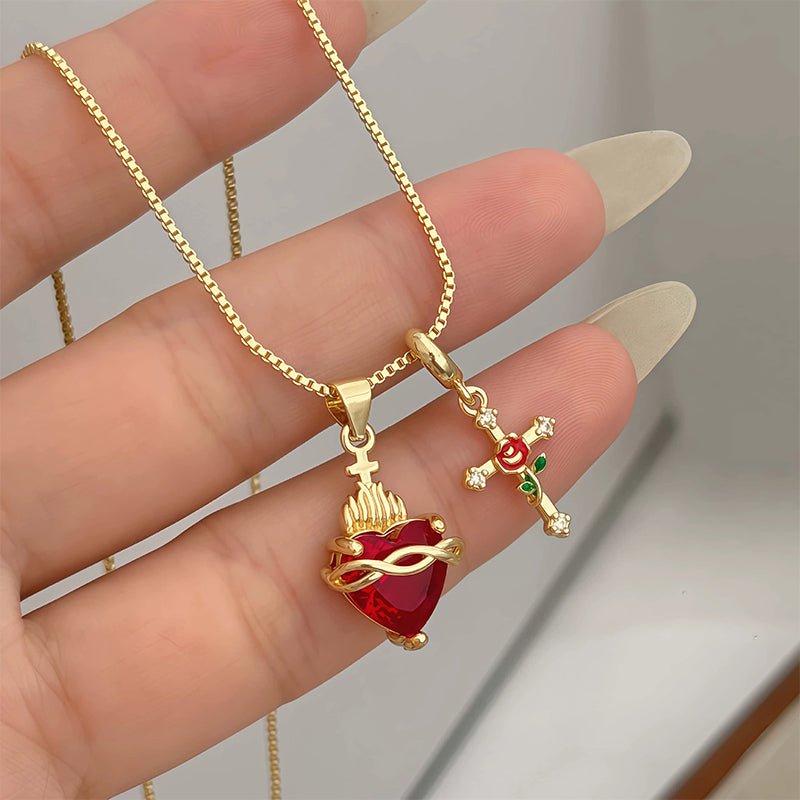 Fiora Red Cross Pendant Necklace Adjustable Gold Tone Chain Product Image 01