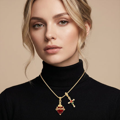 Fiora Red Cross Pendant Necklace Adjustable Gold Tone Chain Product Image 03