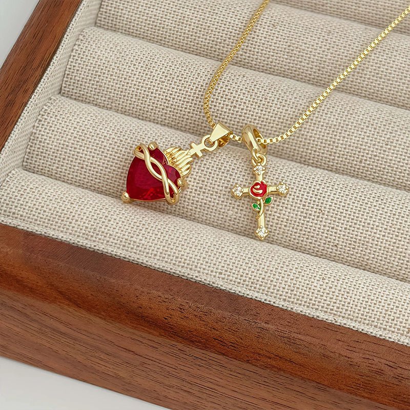 Fiora Red Cross Pendant Necklace Adjustable Gold Tone Chain Product Image 06