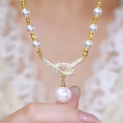 Liora Simulated Pearl Necklace Rhinestone Details Product Image 08