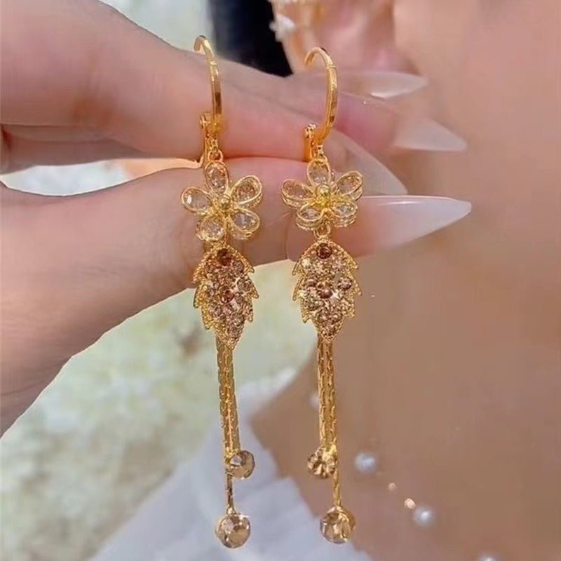 Selara Floral Rhinestone Tassel Earrings Product Image 03
