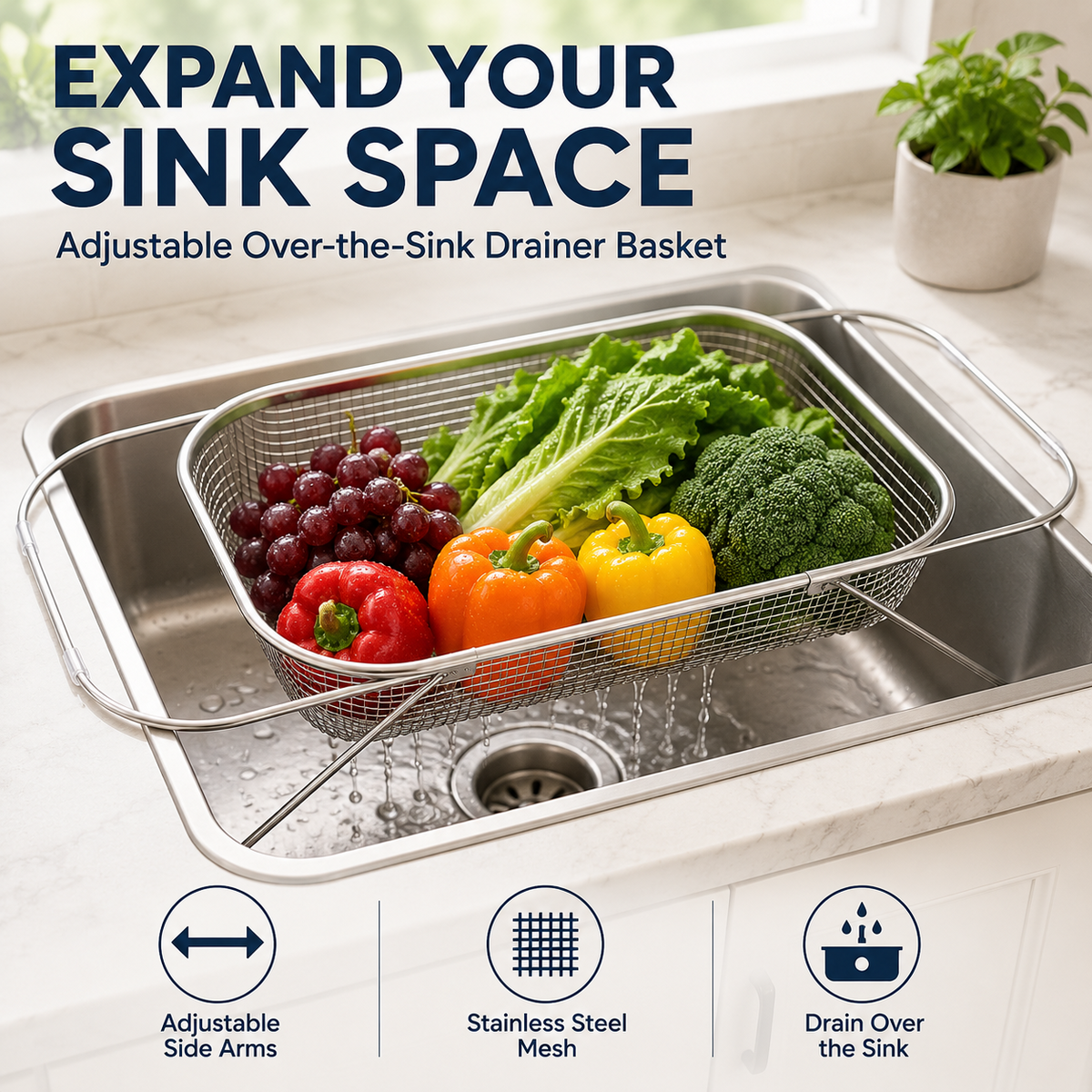 Stainless Steel Adjustable Sink Drainer Basket Product Image 02