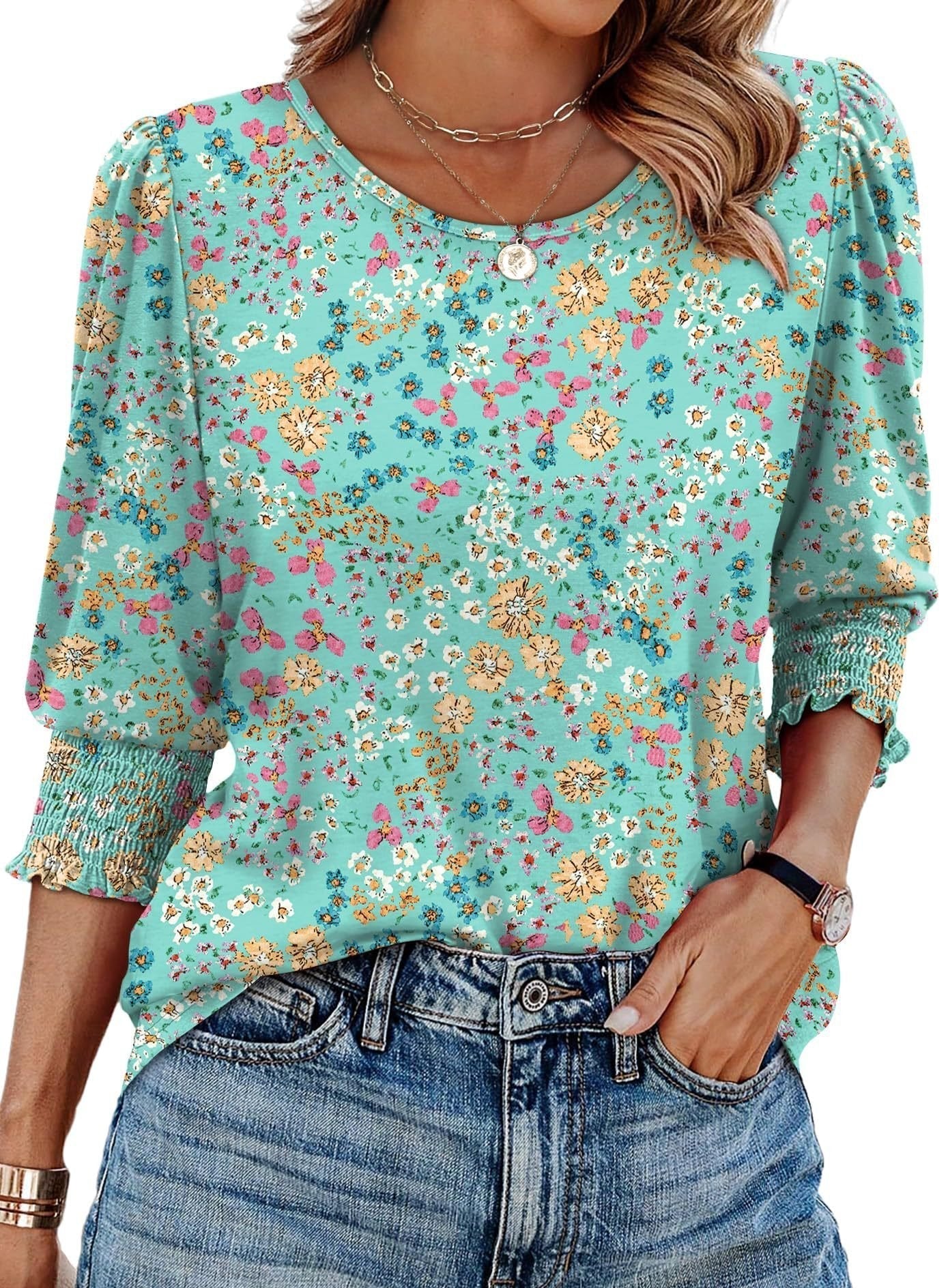 Waverly Print Three Quarter Sleeve Blouse Smocked Cuffs Product Image 01