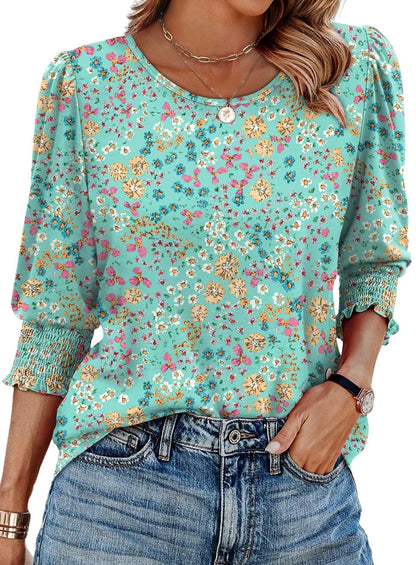 Waverly Print Three Quarter Sleeve Blouse Smocked Cuffs Product Image 01