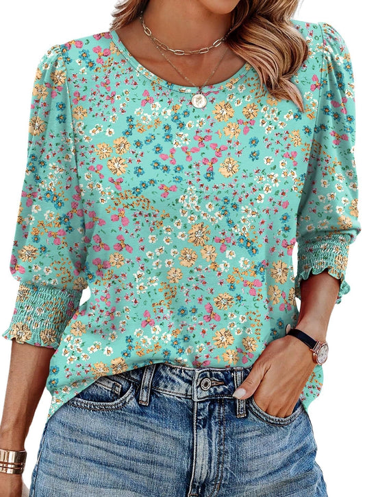 Waverly Print Three Quarter Sleeve Blouse Smocked Cuffs Product Image 01