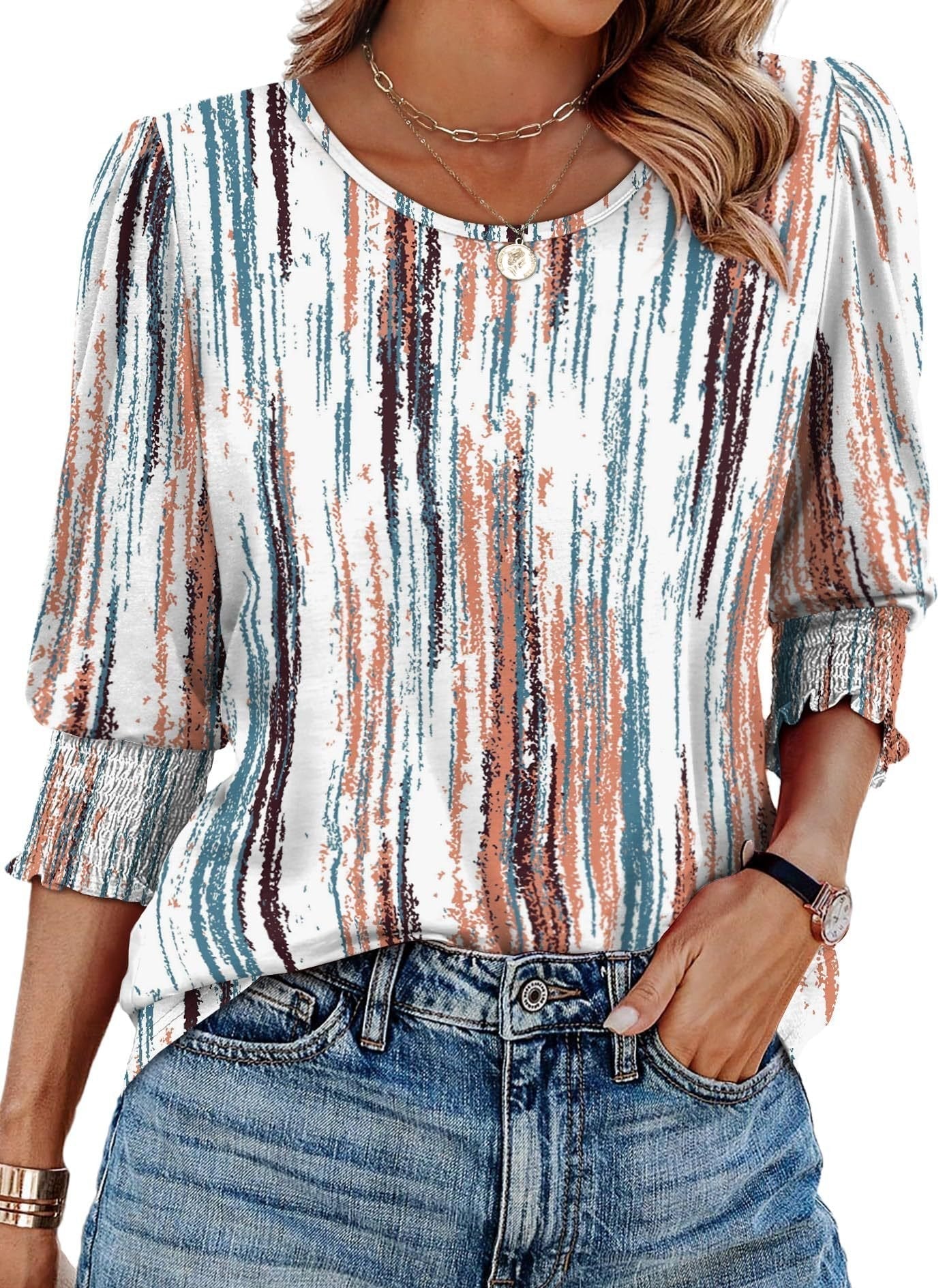 Waverly Print Three Quarter Sleeve Blouse Smocked Cuffs Product Image 04