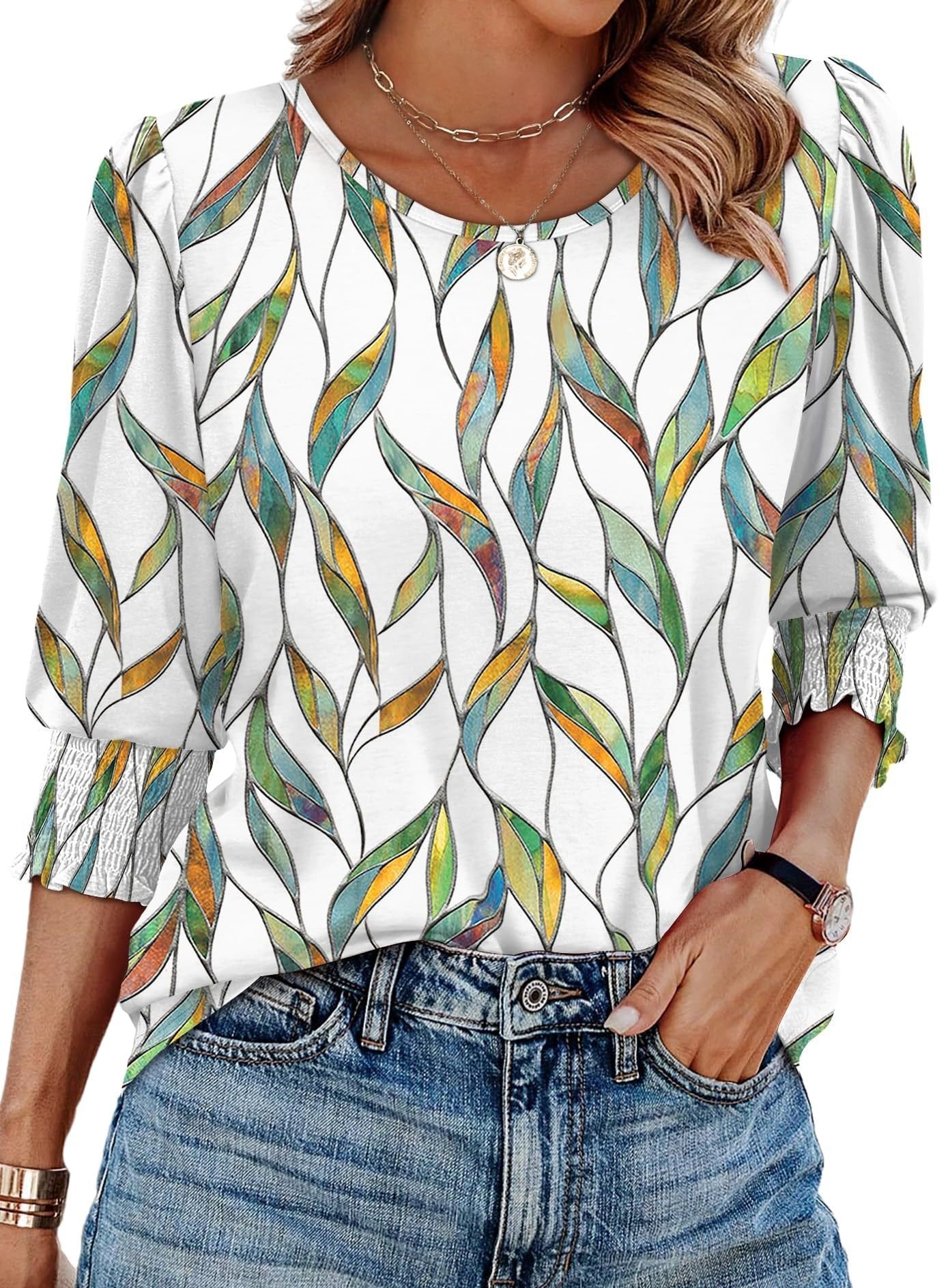 Waverly Print Three Quarter Sleeve Blouse Smocked Cuffs Product Image 05