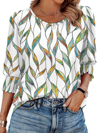 Waverly Print Three Quarter Sleeve Blouse Smocked Cuffs Product Image 05