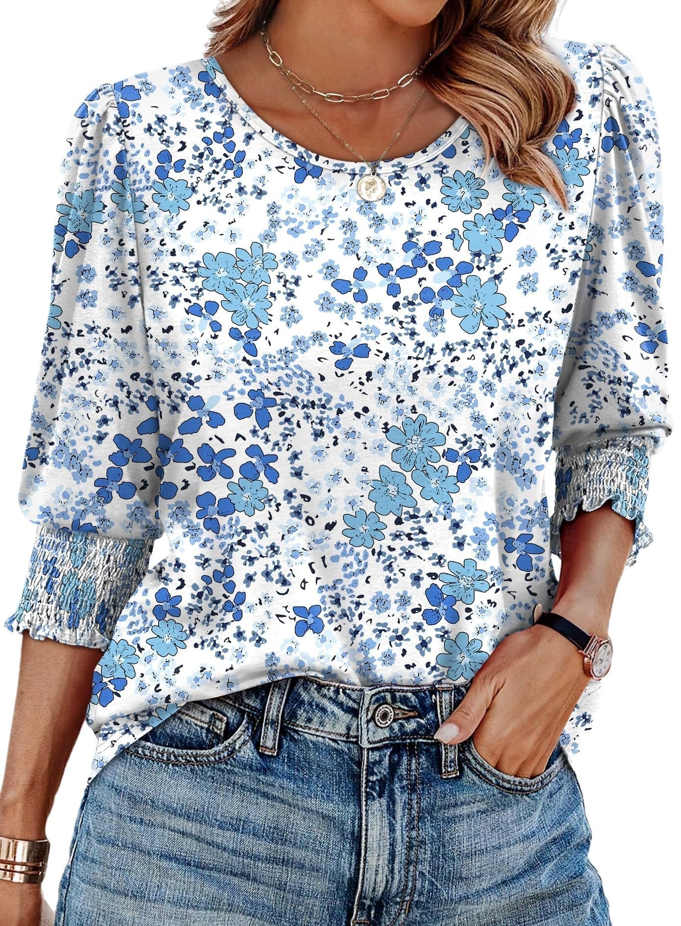 Waverly Print Three Quarter Sleeve Blouse Smocked Cuffs Product Image 09
