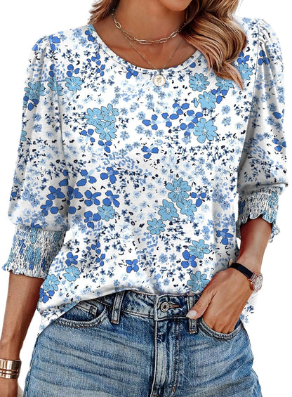 Waverly Print Three Quarter Sleeve Blouse Smocked Cuffs Product Image 09