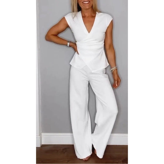 Womens V Neck Top Relaxed Pants Set Product Image 01