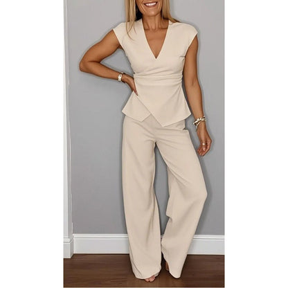 Womens V Neck Top Relaxed Pants Set Product Image 04