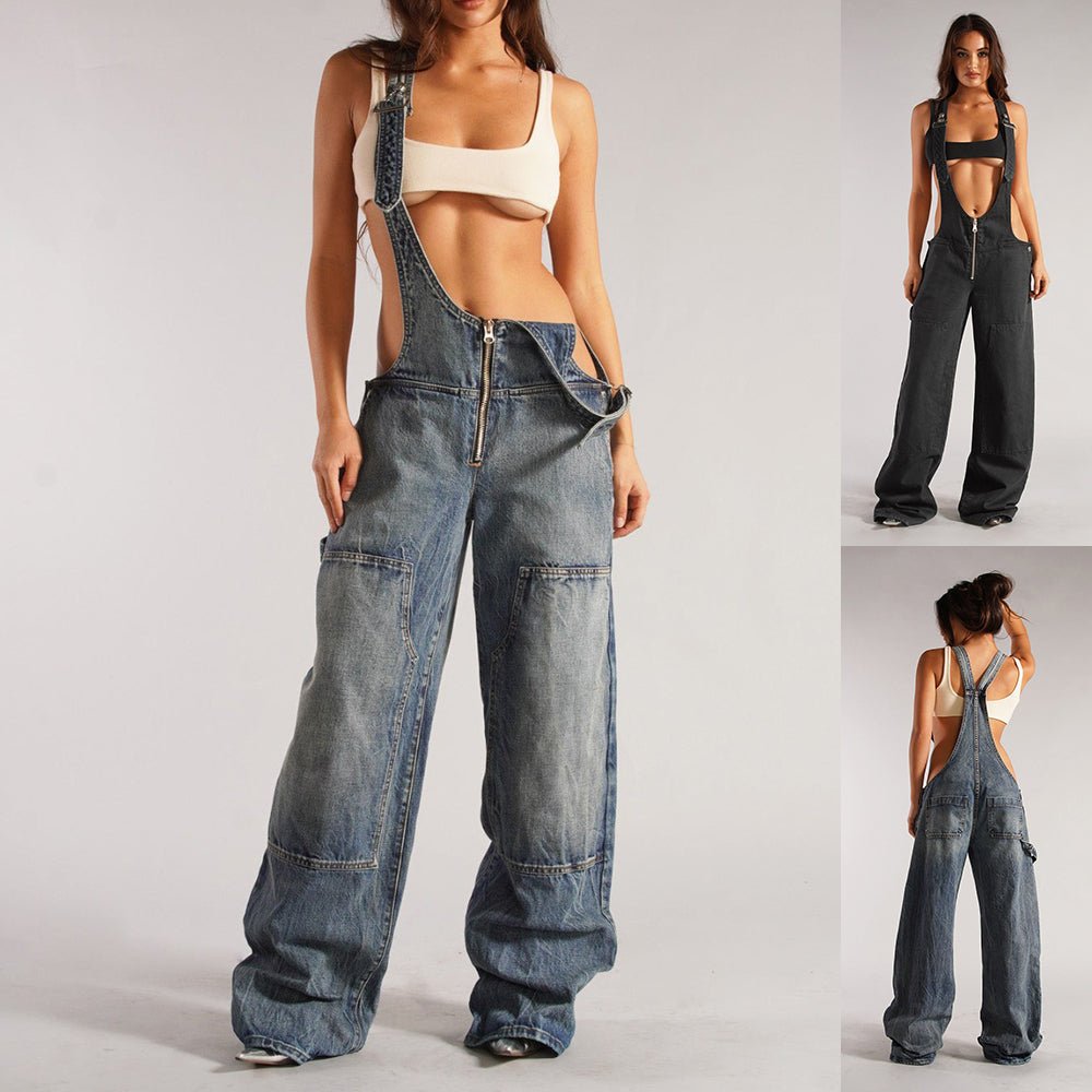 Yardley Wide Leg Denim Overalls Zipper Pocket Product Image 02