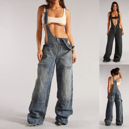 Yardley Wide Leg Denim Overalls Zipper Pocket Product Image 02