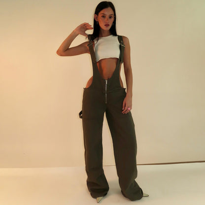 Yardley Wide Leg Denim Overalls Zipper Pocket Product Image 04