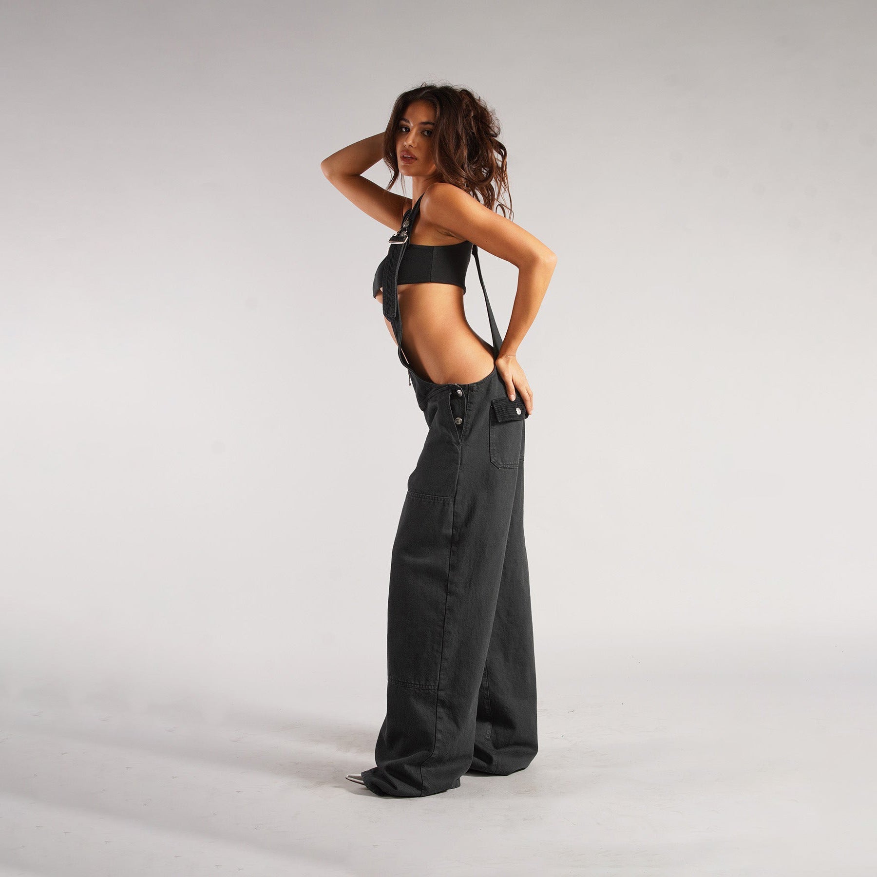 Yardley Wide Leg Denim Overalls Zipper Pocket Product Image 05
