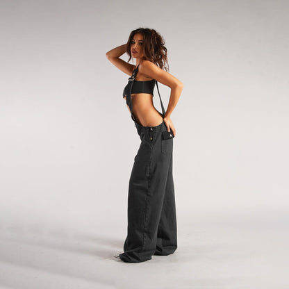 Yardley Wide Leg Denim Overalls Zipper Pocket Product Image 05
