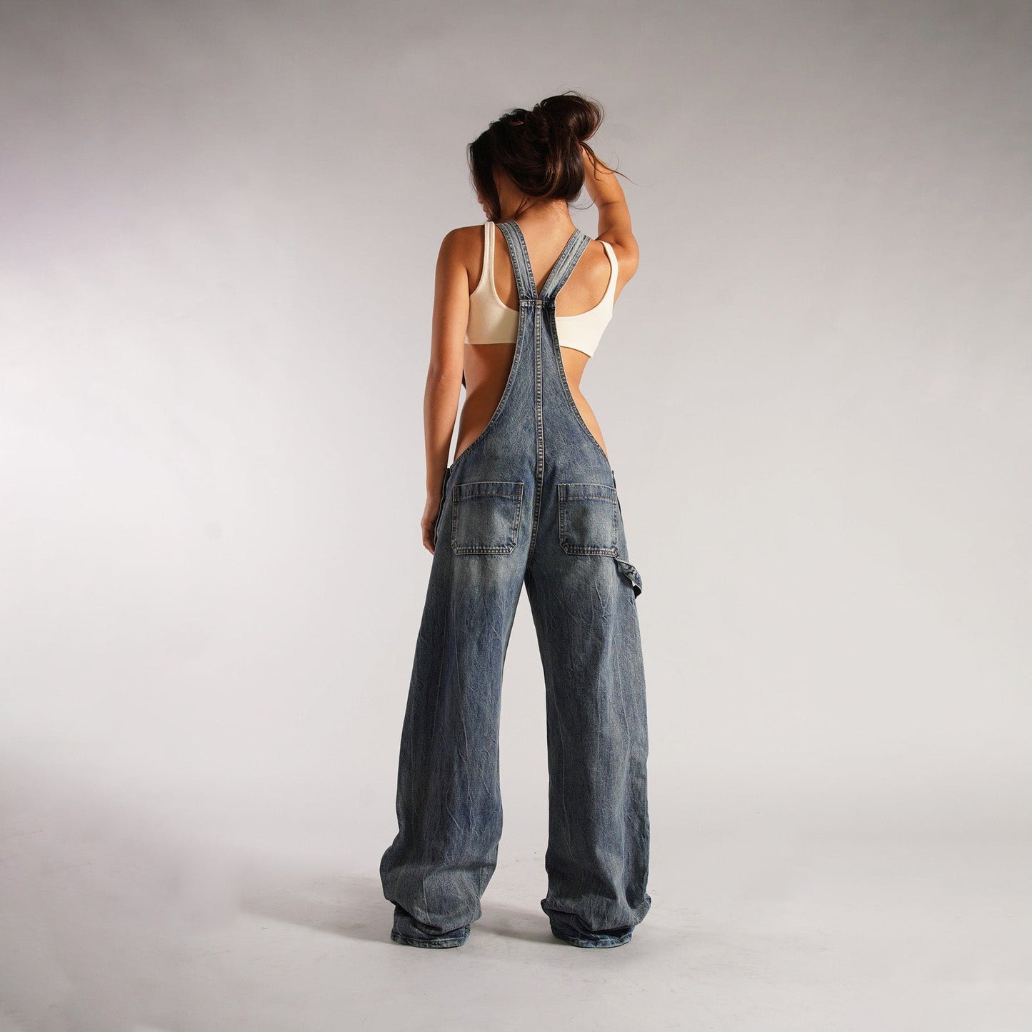 Yardley Wide Leg Denim Overalls Zipper Pocket Product Image 07