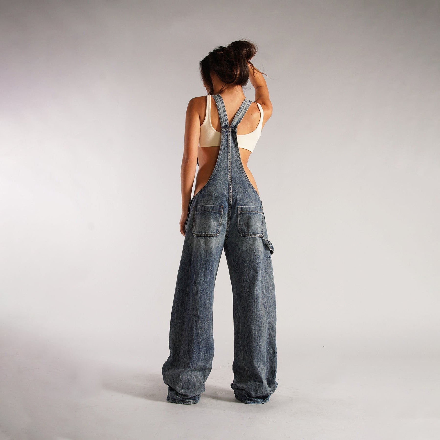 Yardley Wide Leg Denim Overalls Zipper Pocket Product Image 07