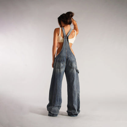 Yardley Wide Leg Denim Overalls Zipper Pocket Product Image 07