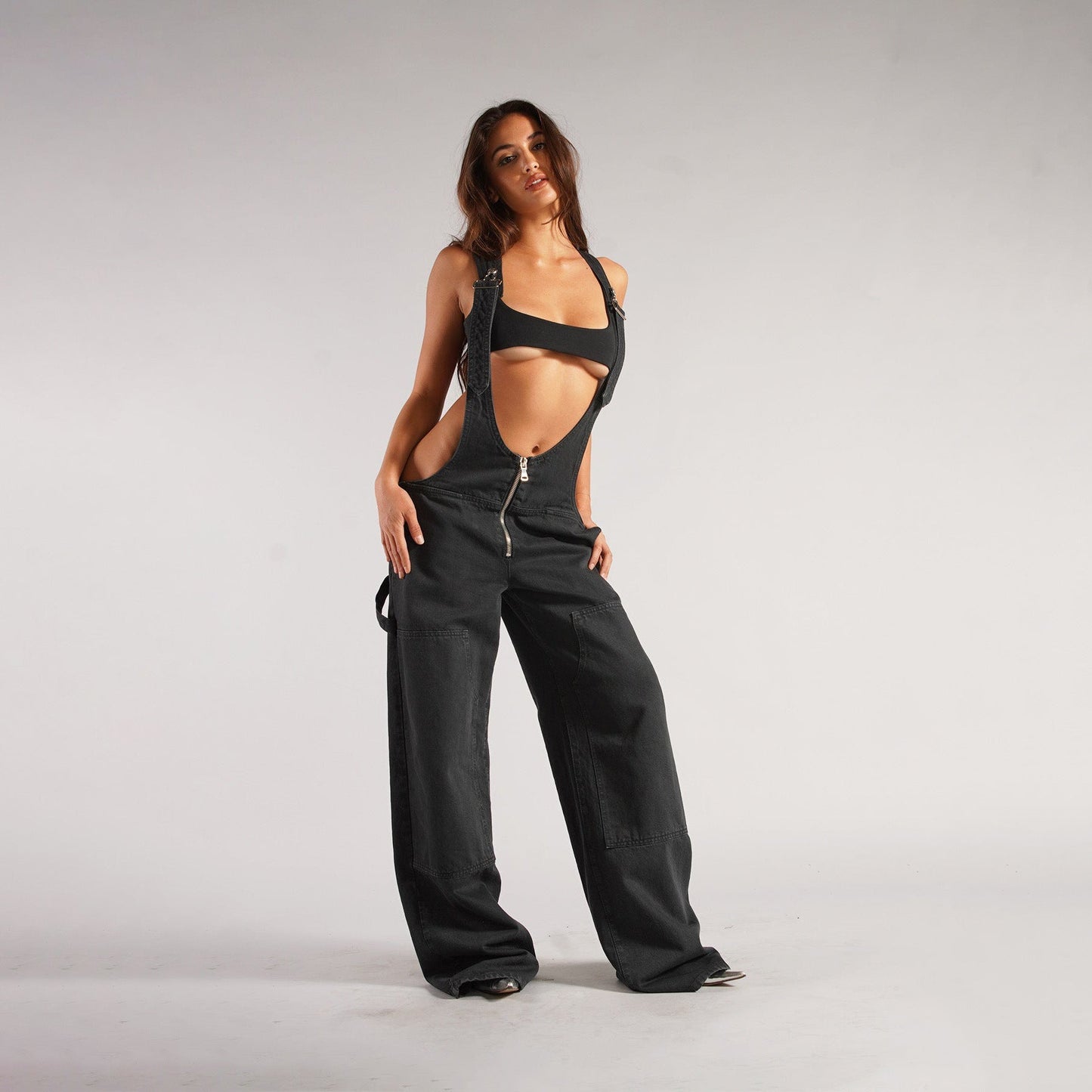 Yardley Wide Leg Denim Overalls Zipper Pocket Product Image 08