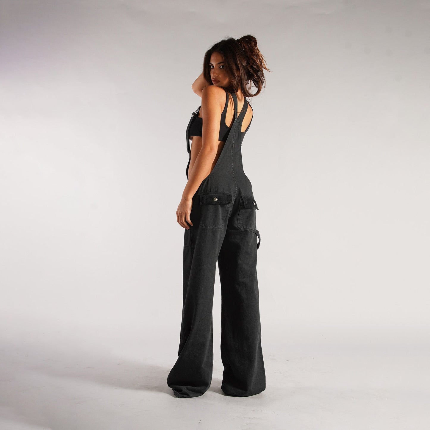 Yardley Wide Leg Denim Overalls Zipper Pocket Product Image 09