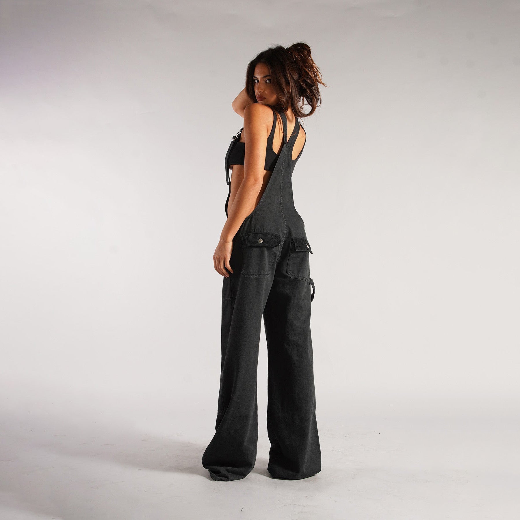 Yardley Wide Leg Denim Overalls Zipper Pocket Product Image 09
