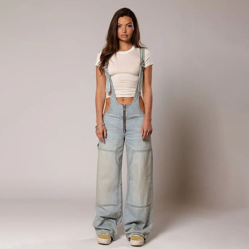 Yardley Wide Leg Denim Overalls Zipper Pocket Product Image 10