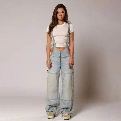 Yardley Wide Leg Denim Overalls Zipper Pocket Product Image 10
