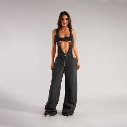 Yardley Wide Leg Denim Overalls Zipper Pocket Product Image 11