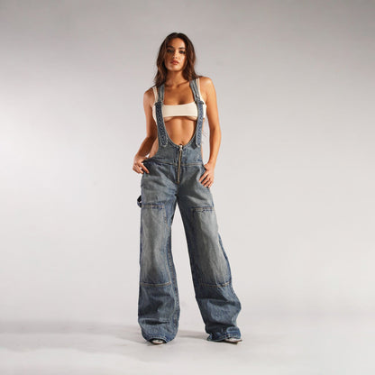 Yardley Wide Leg Denim Overalls Zipper Pocket Product Image 12