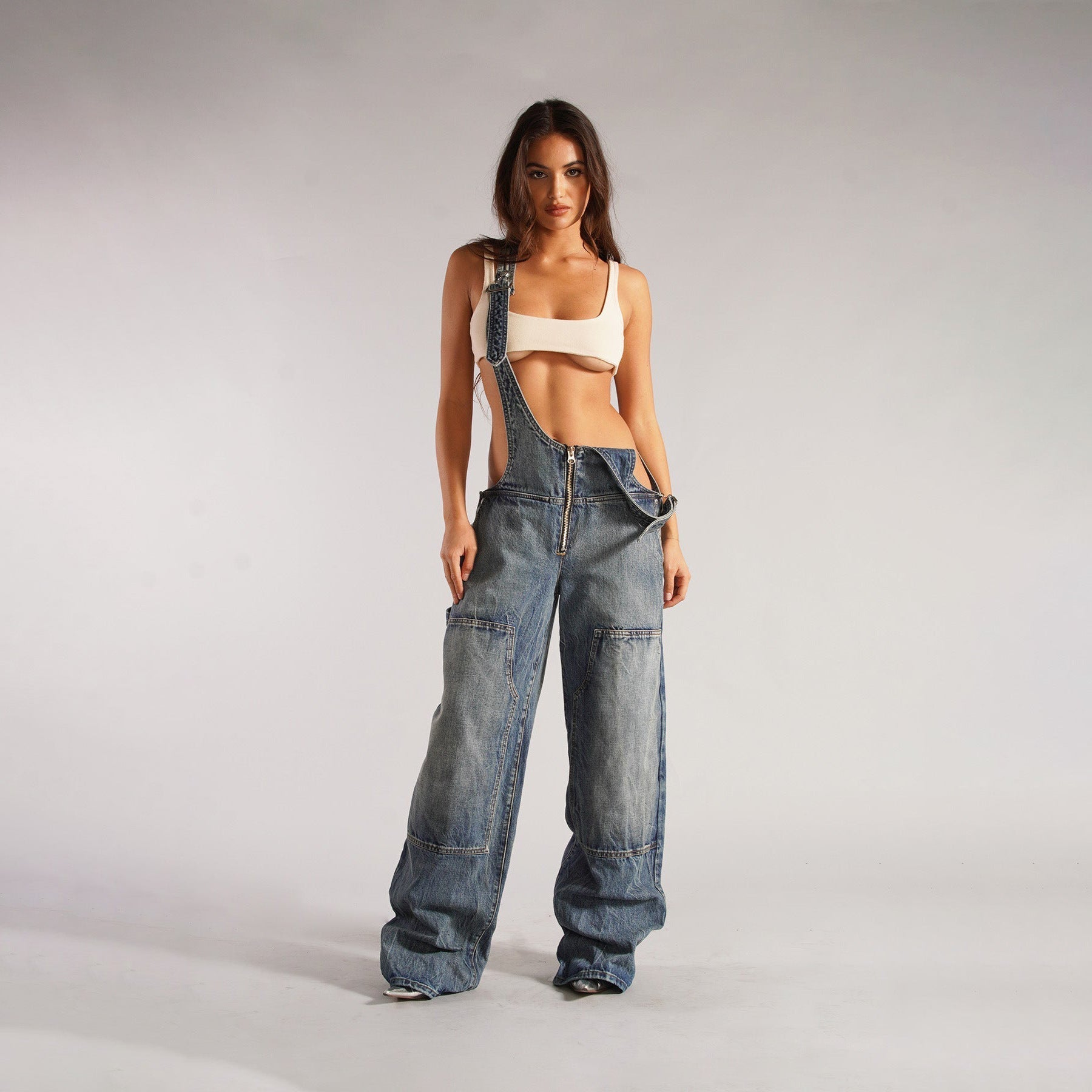 Yardley Wide Leg Denim Overalls Zipper Pocket Product Image 13